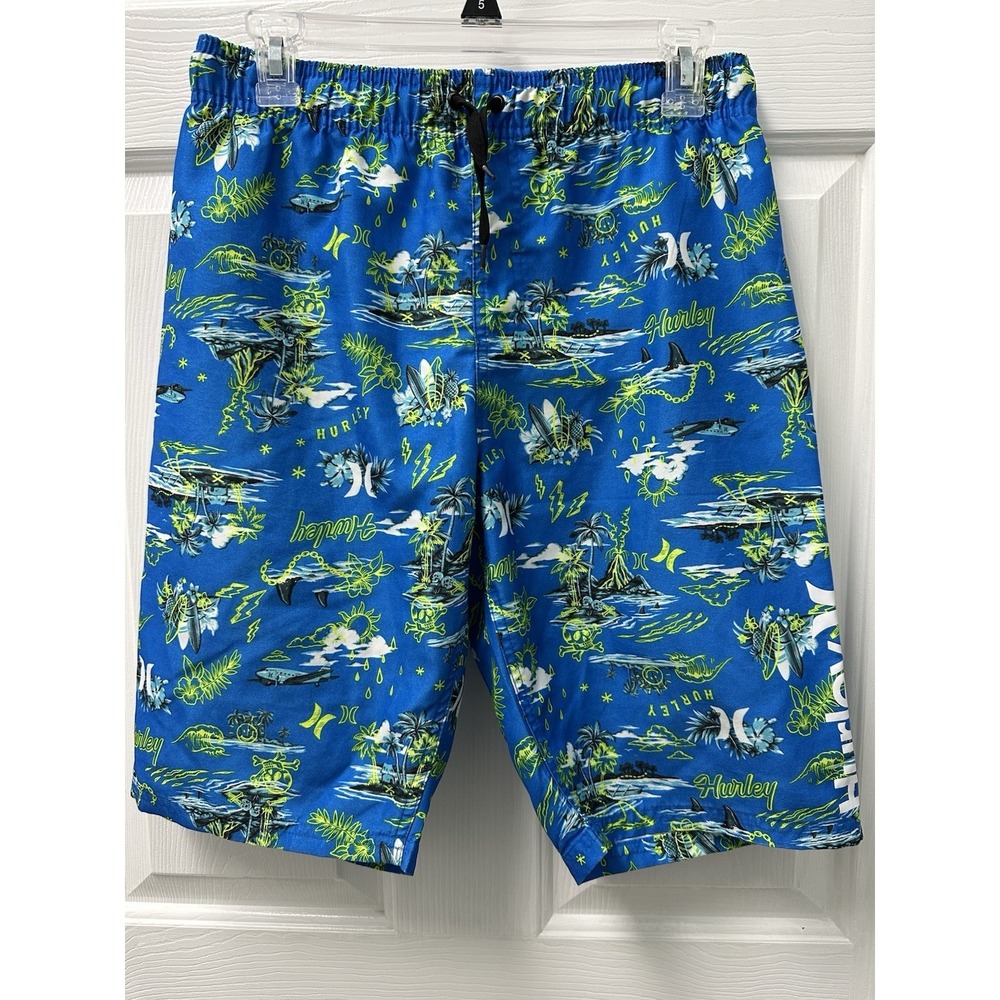 Boys Hurley Swim Trunks XL Blue Island Sharks Skulls Flawed READ DESCRIPTION